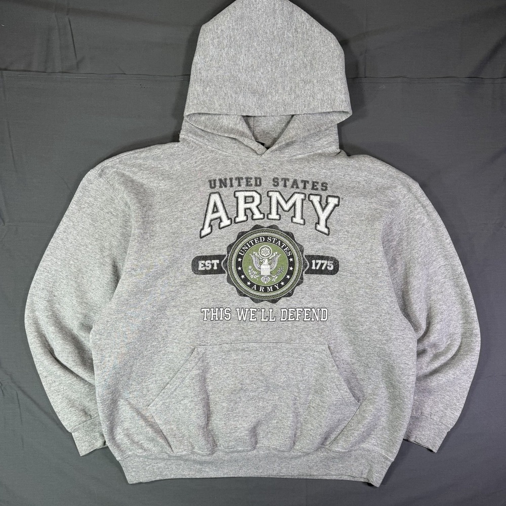 Vintage US Army Hoodie Mens Large This We'll Defend JBTS Made in USA Gray